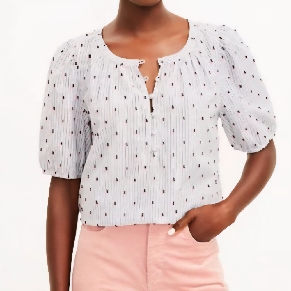 LOFT Gray & White Striped Blouse with Pink flowers